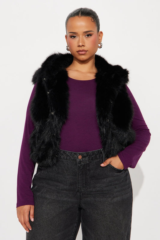 Eliza Faux Fur Hooded Vest - Black - OVERSIZED HOODIE