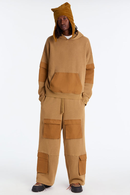 Oversized Twill Cargo Hoodie - Brown/combo - OVERSIZED HOODIE