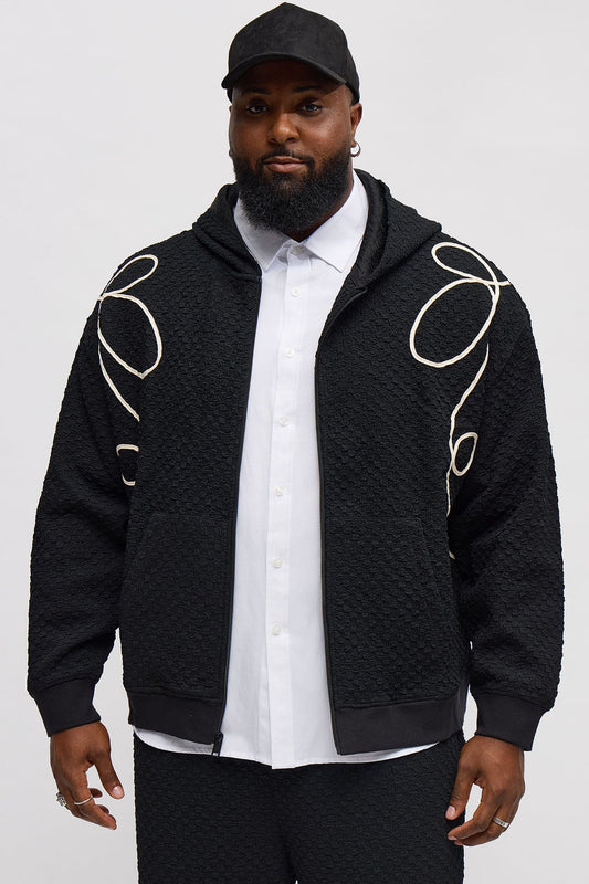 Soho Weave Applique Textured Zip Hoodie - Black