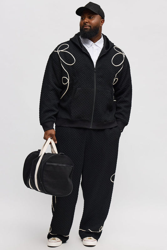 Soho Weave Applique Textured Zip Hoodie - Black