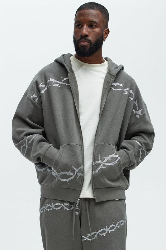 Tyson Barbed Wire Oversized Zip Hoodie - Charcoal