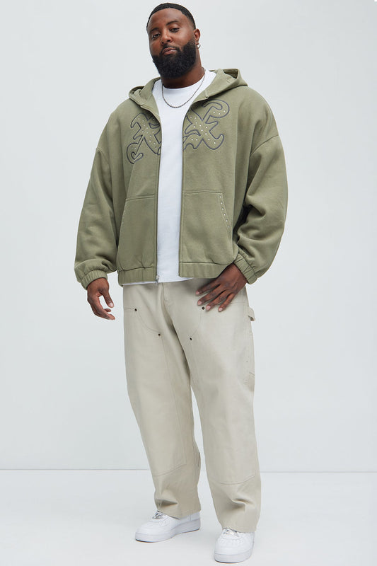 Tyson Rhinestone Oversized Zip Up Hoodie - Olive