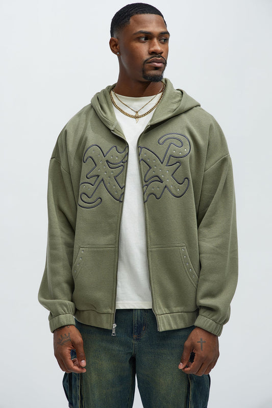Tyson Rhinestone Oversized Zip Up Hoodie - Olive