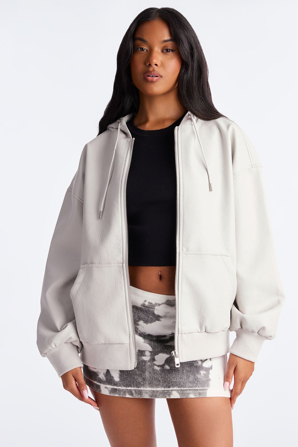 Alix Faux Leather Oversized Bomber Jacket - Light Grey - OVERSIZED HOODIE