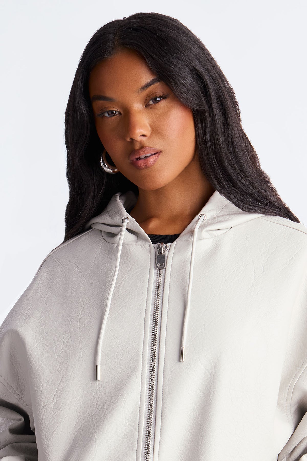 Alix Faux Leather Oversized Bomber Jacket - Light Grey - OVERSIZED HOODIE
