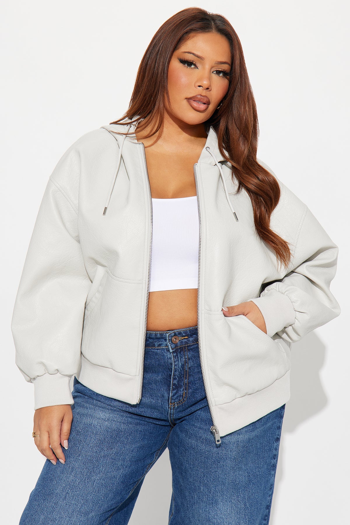 Alix Faux Leather Oversized Bomber Jacket - Light Grey - OVERSIZED HOODIE