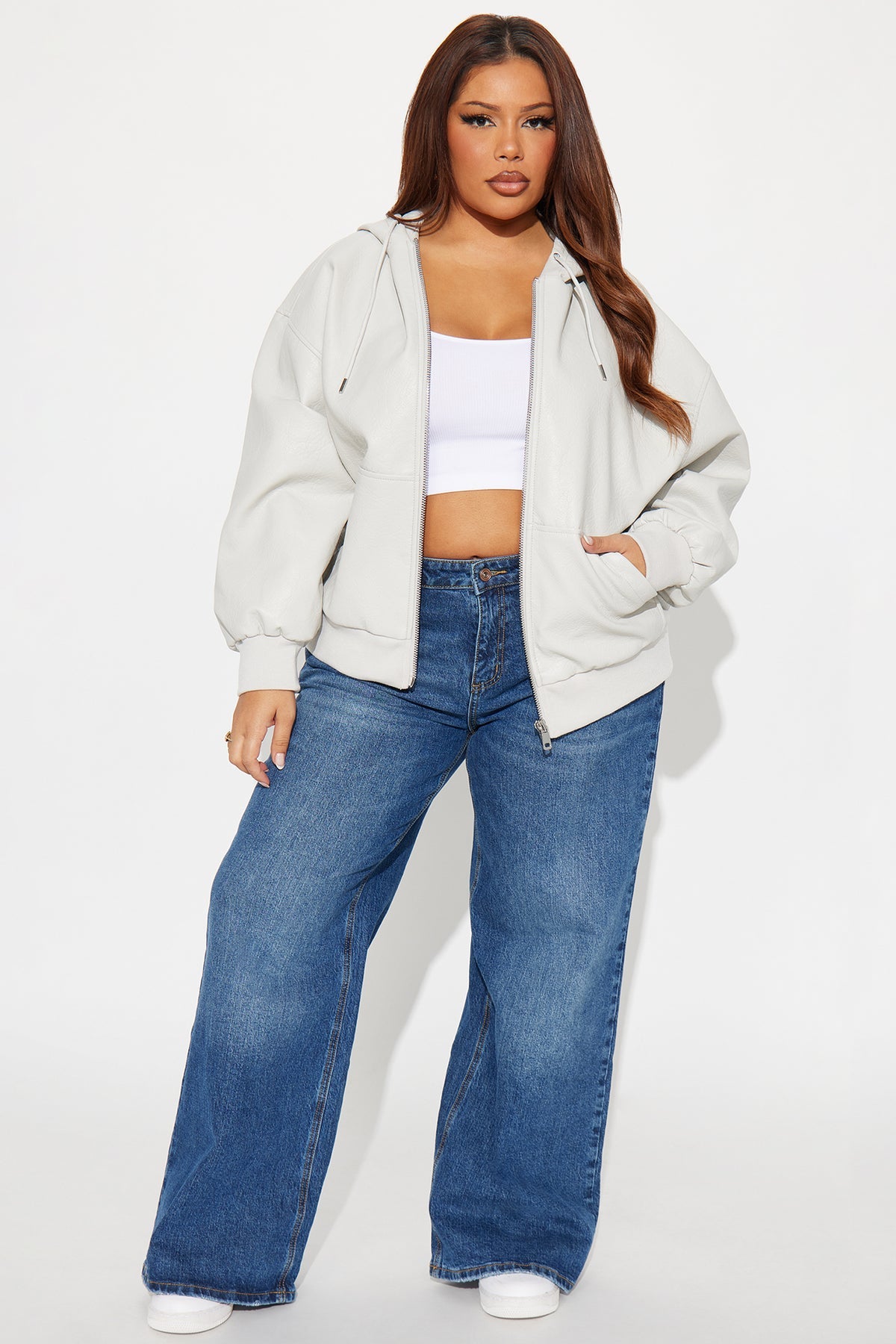 Alix Faux Leather Oversized Bomber Jacket - Light Grey - OVERSIZED HOODIE