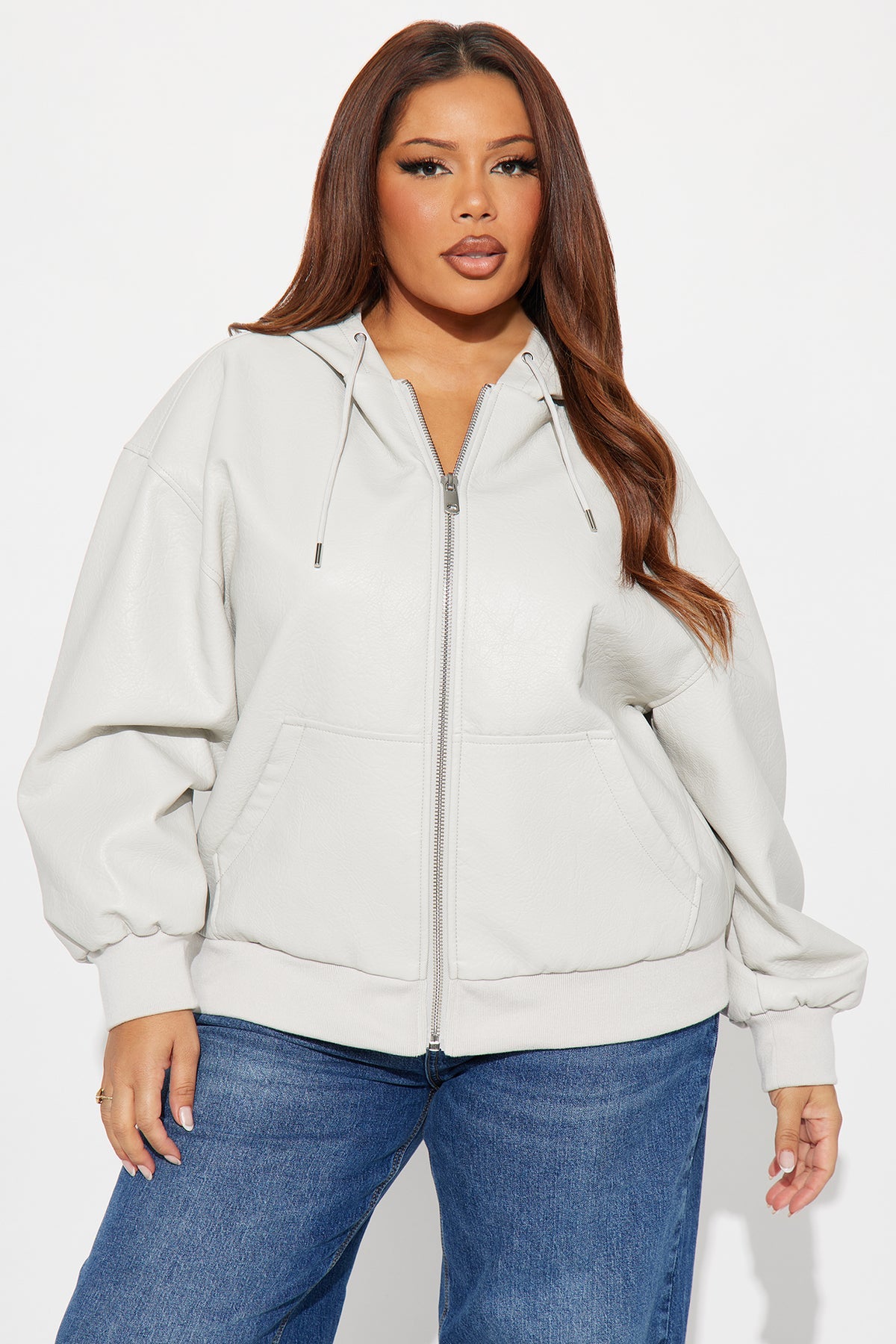 Alix Faux Leather Oversized Bomber Jacket - Light Grey - OVERSIZED HOODIE