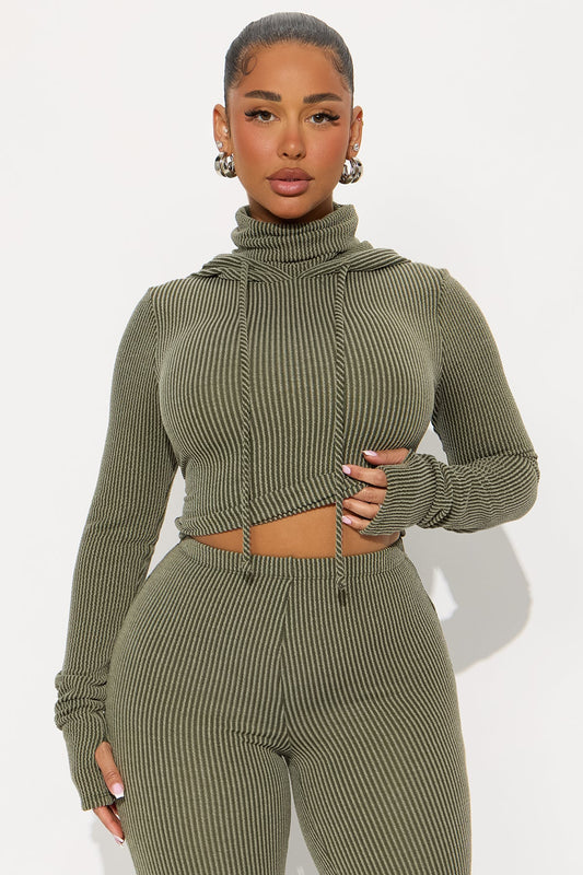 Center Of Attention Hoodie Pant Set - Olive - OVERSIZED HOODIE
