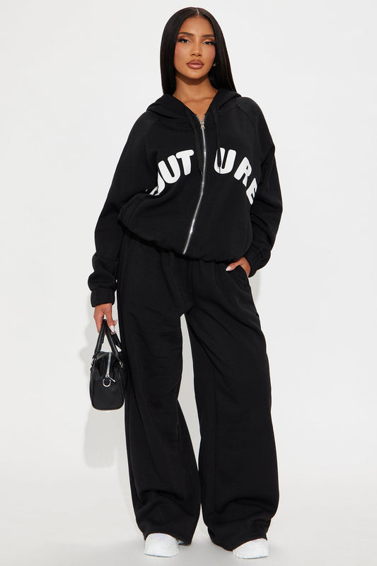 Couture Comfort Zip Up Fleece Pant Set - Black - OVERSIZED HOODIE