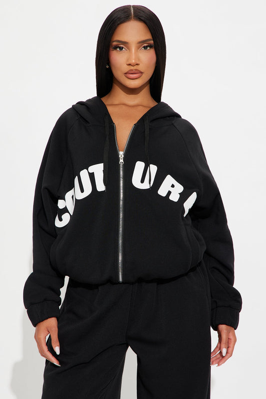 Couture Comfort Zip Up Fleece Pant Set - Black - OVERSIZED HOODIE