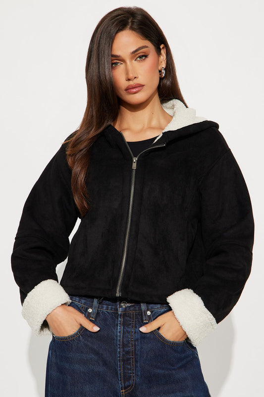 Eskimo Kiss Faux Suede Hooded Coat - Black - OVERSIZED HOODIE