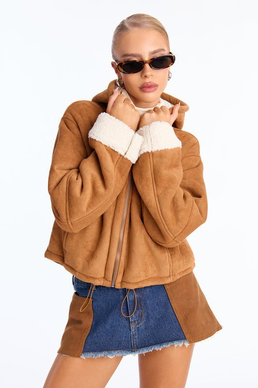 Eskimo Kiss Faux Suede Hooded Coat - Camel - OVERSIZED HOODIE