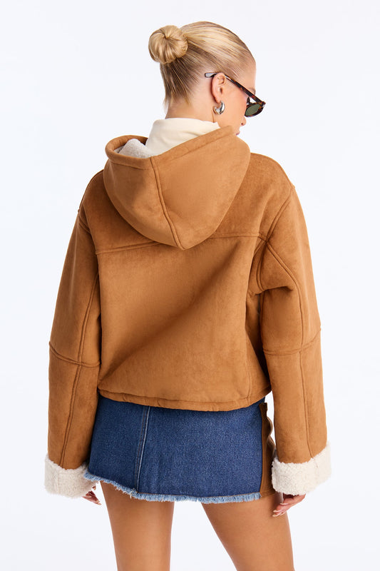 Eskimo Kiss Faux Suede Hooded Coat - Camel - OVERSIZED HOODIE