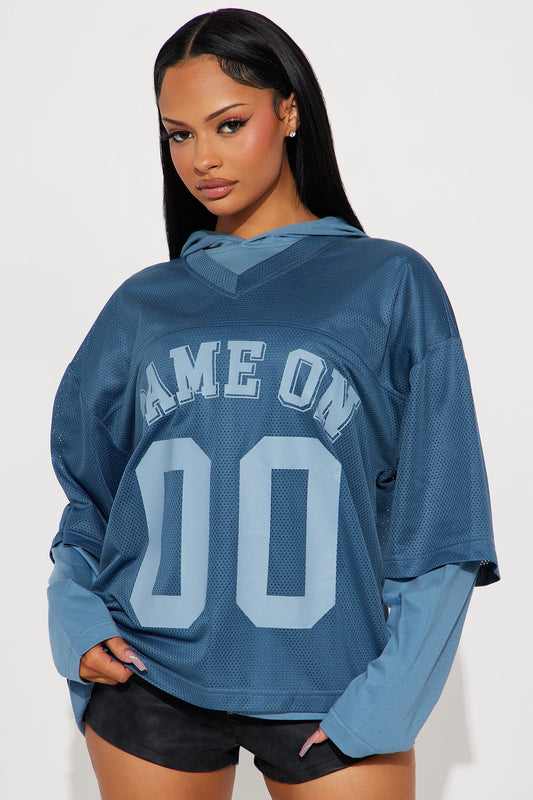Game On Jersey Hoodie - Navy - OVERSIZED HOODIE