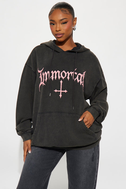 Immortal Washed Fleece Hoodie - Black Wash - OVERSIZED HOODIE