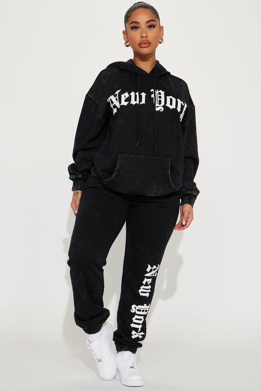 NYC Fleece Jogger Set - Black - OVERSIZED HOODIE