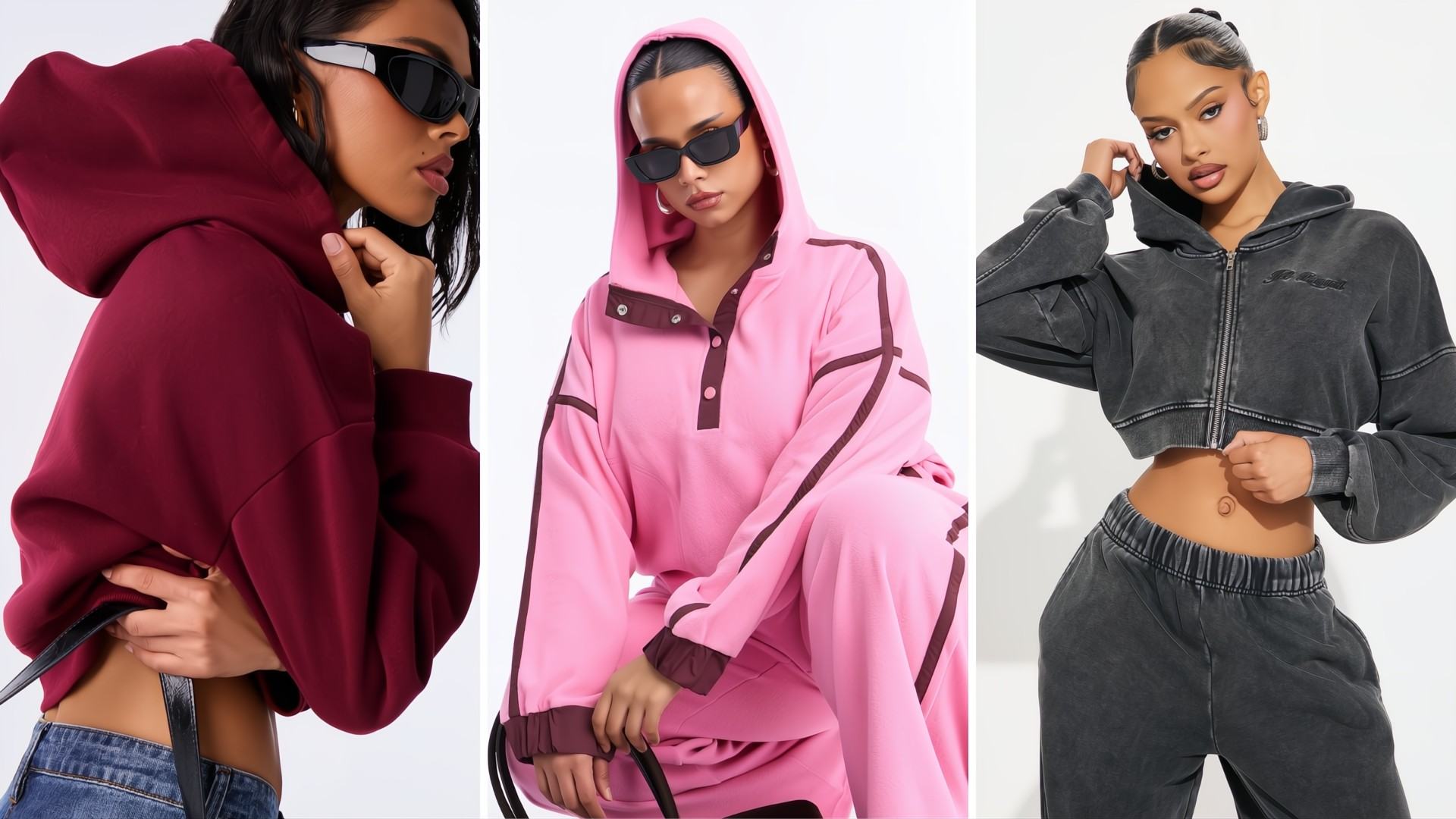 Three individuals wearing different colored oversized hoodies and tracksuits on a white background