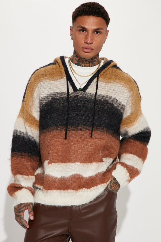 Oversized Striped Wool Hooded Sweater - Black - OVERSIZED HOODIE