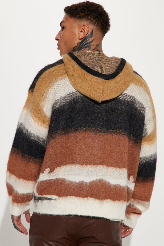 Oversized Striped Wool Hooded Sweater - Black - OVERSIZED HOODIE