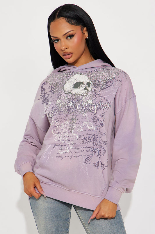 Skull Redemption Washed Fleece Hoodie - Purple - OVERSIZED HOODIE