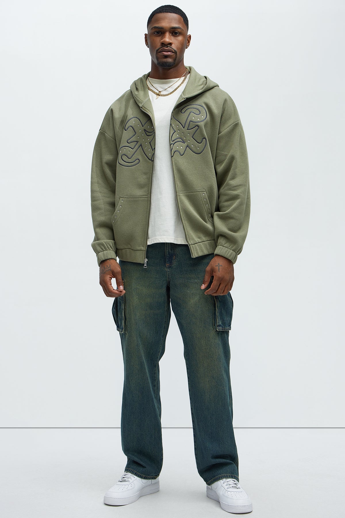 Tyson Rhinestone Oversized Zip Up Hoodie - Olive