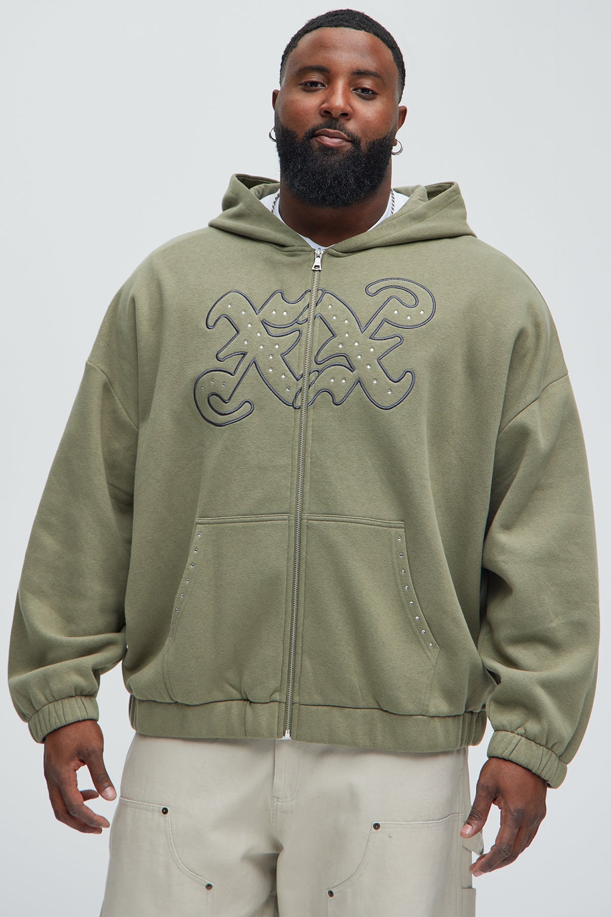 Tyson Rhinestone Oversized Zip Up Hoodie - Olive