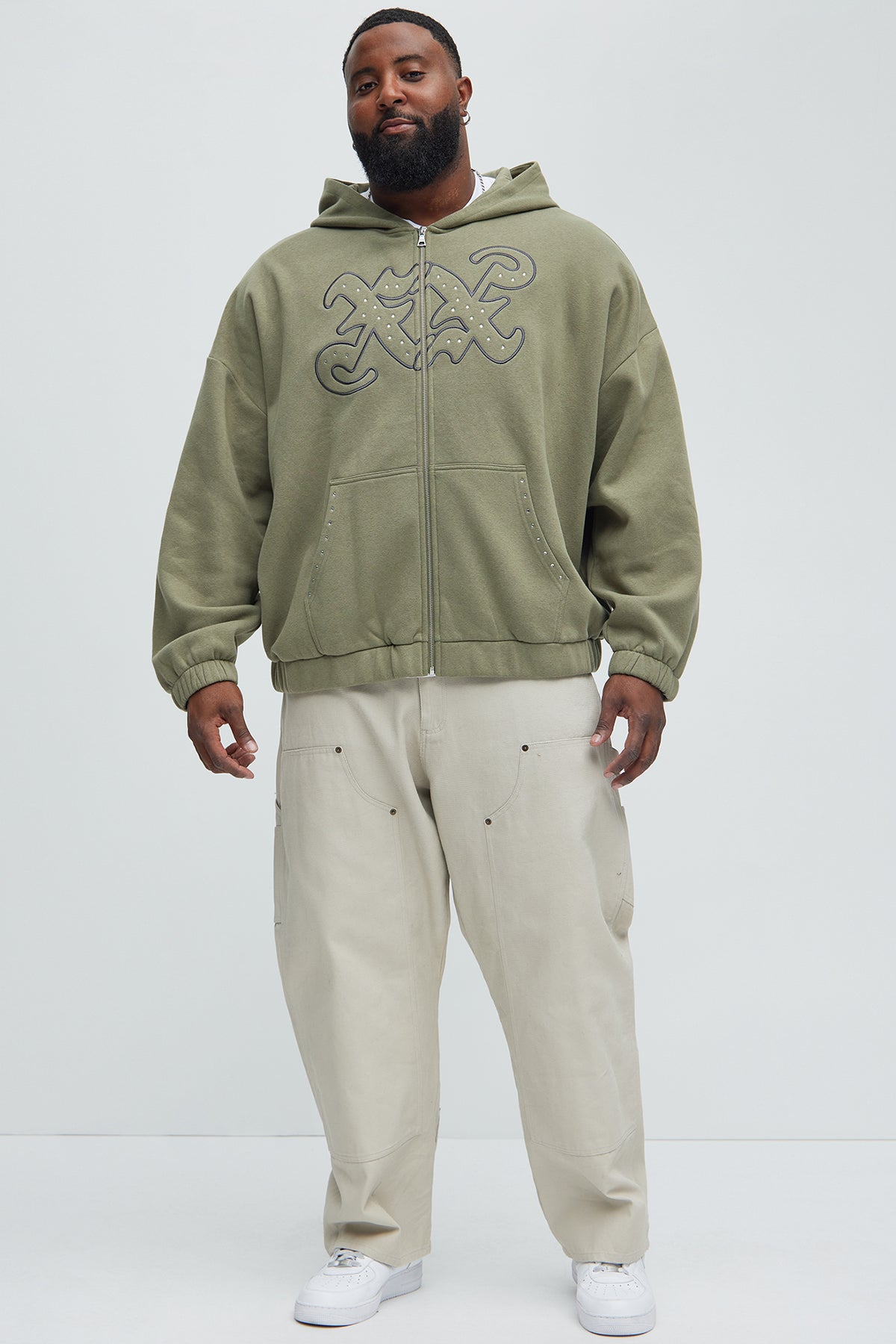 Tyson Rhinestone Oversized Zip Up Hoodie - Olive