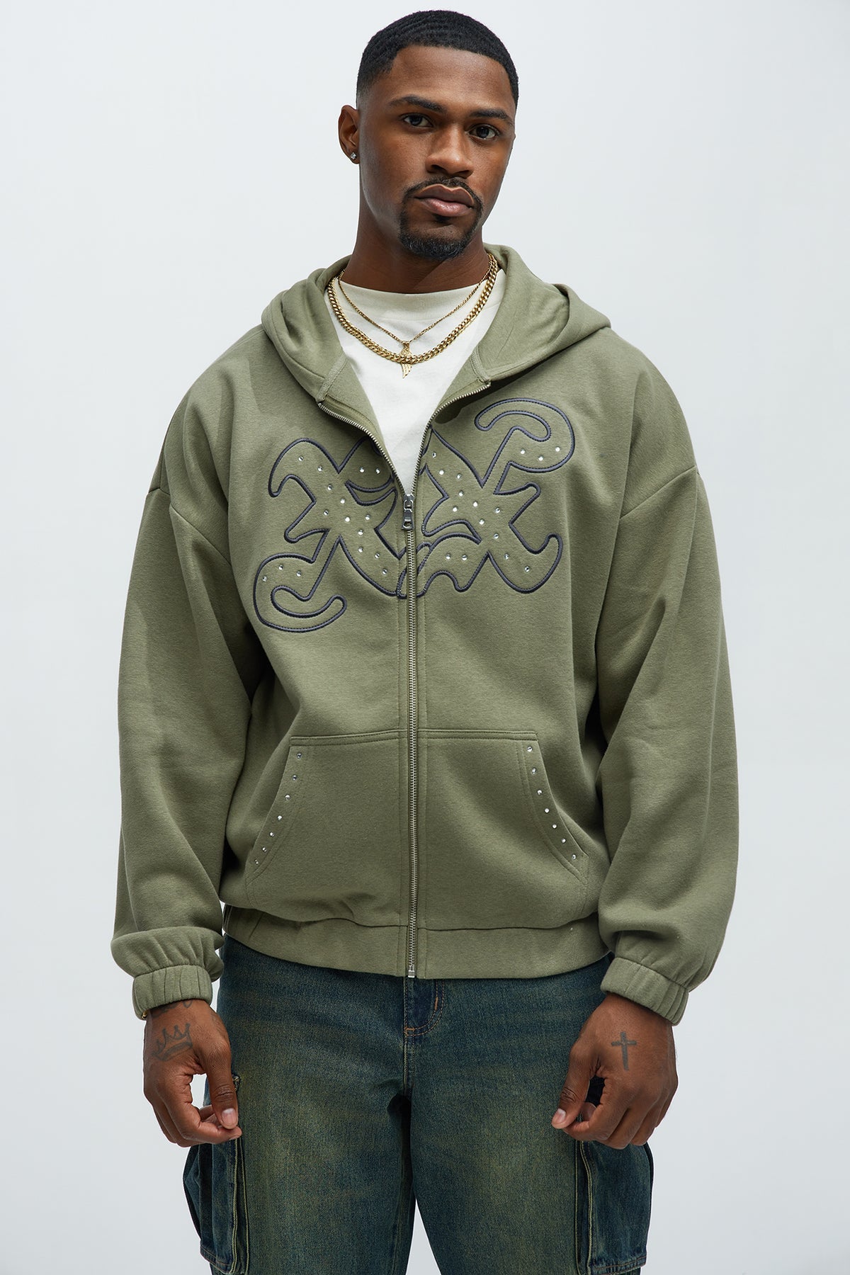Tyson Rhinestone Oversized Zip Up Hoodie - Olive