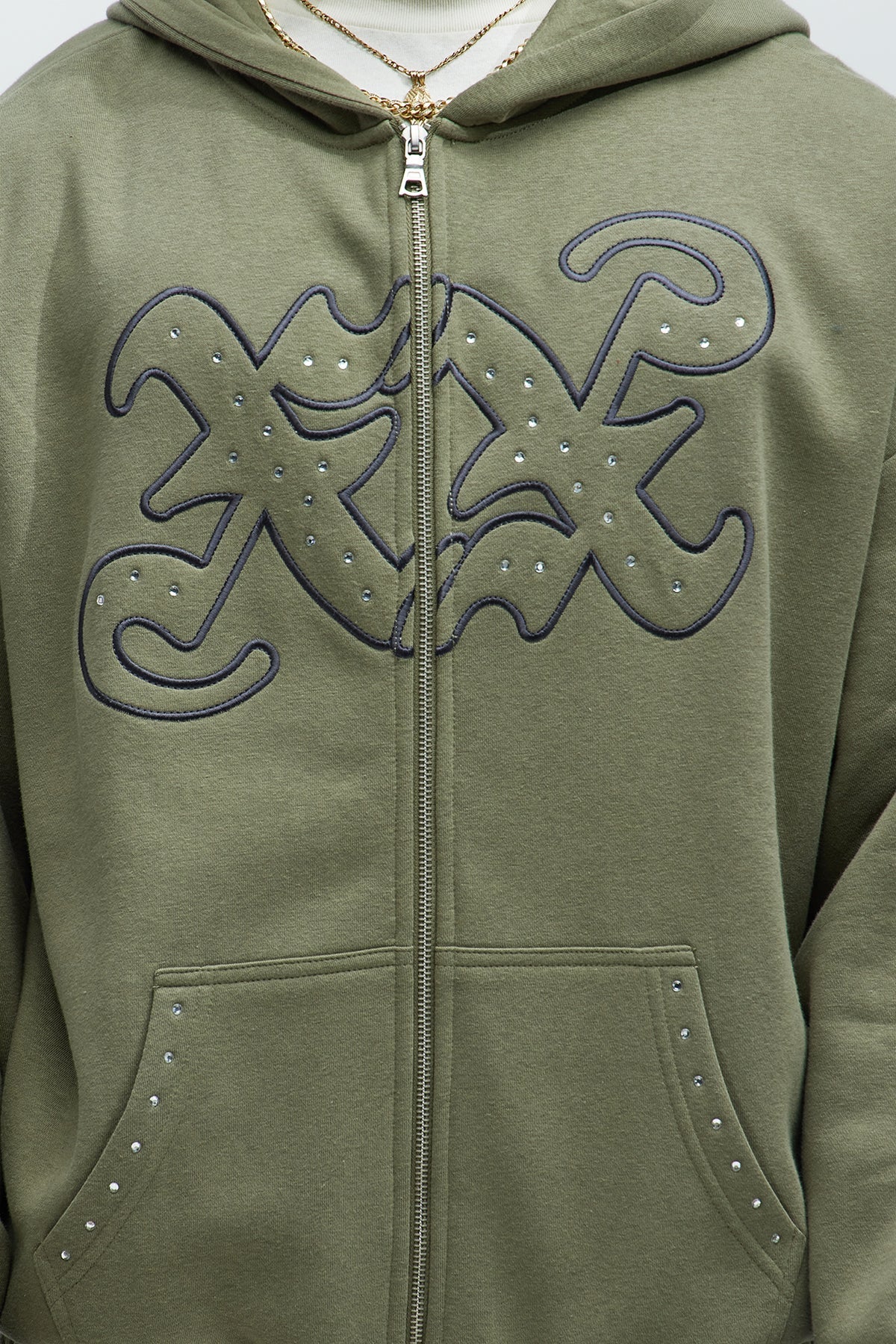 Tyson Rhinestone Oversized Zip Up Hoodie - Olive