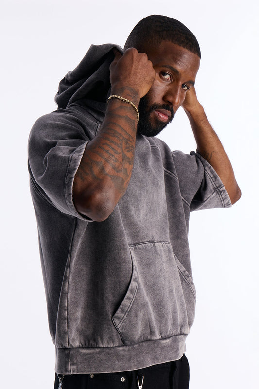 Washed Short Sleeve Hoodie - Charcoal