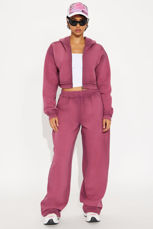Wynona Washed Fleece Pant Set - Burgundy